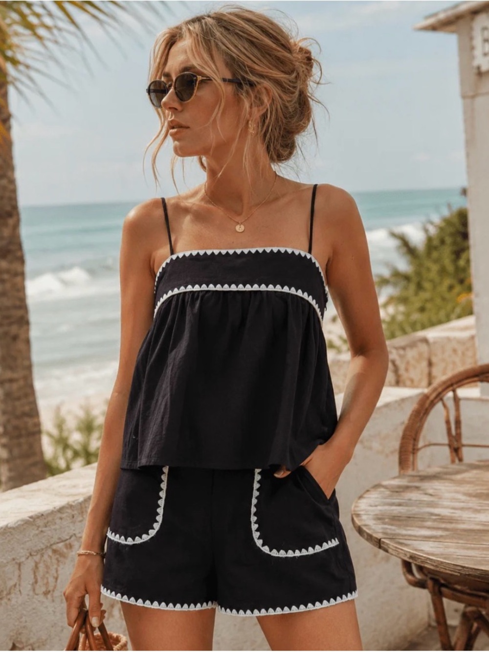 Black Two-Piece Crochet-Trim Tank & Shorts Set